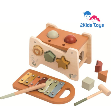 Дървена играчка с ксилофон, сортер и чукче 2Kids Toys