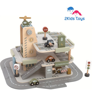 Дървен триетажен гараж с колички и хеликоптер 2Kids Toys – снимка 4