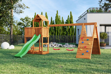 Fungoo FLUPPI DOUBLE дървена детска площадка с пързалка и 2 люлки в цвят тик