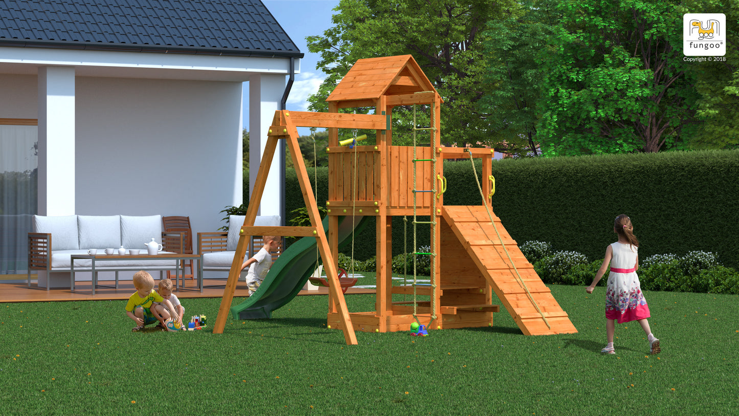 Fungoo 03580 ACTIVER дървена детска площадка с пързалка и люлки