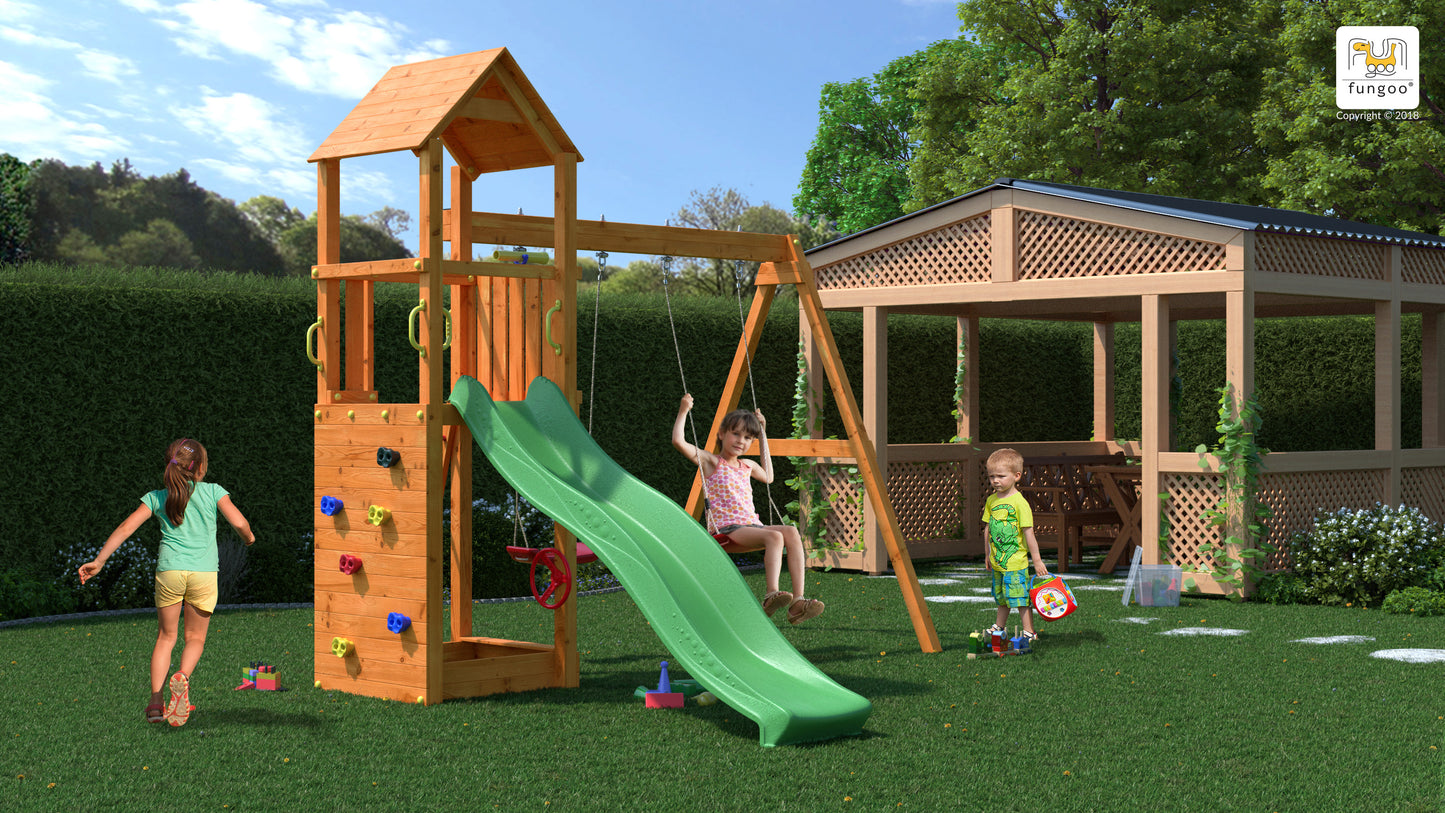 Fungoo 03435 FLAPPI дървена детска площадка с пързалка и 2 люлки