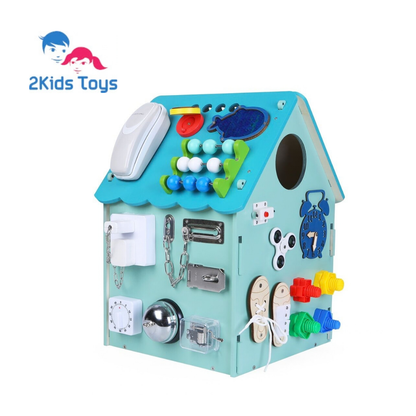 Дървен бизи борд Монтесори къща в син цвят 2Kids Toys