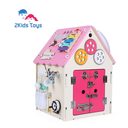 Дървен бизи борд Монтесори къщичка в розово 2Kids Toys
