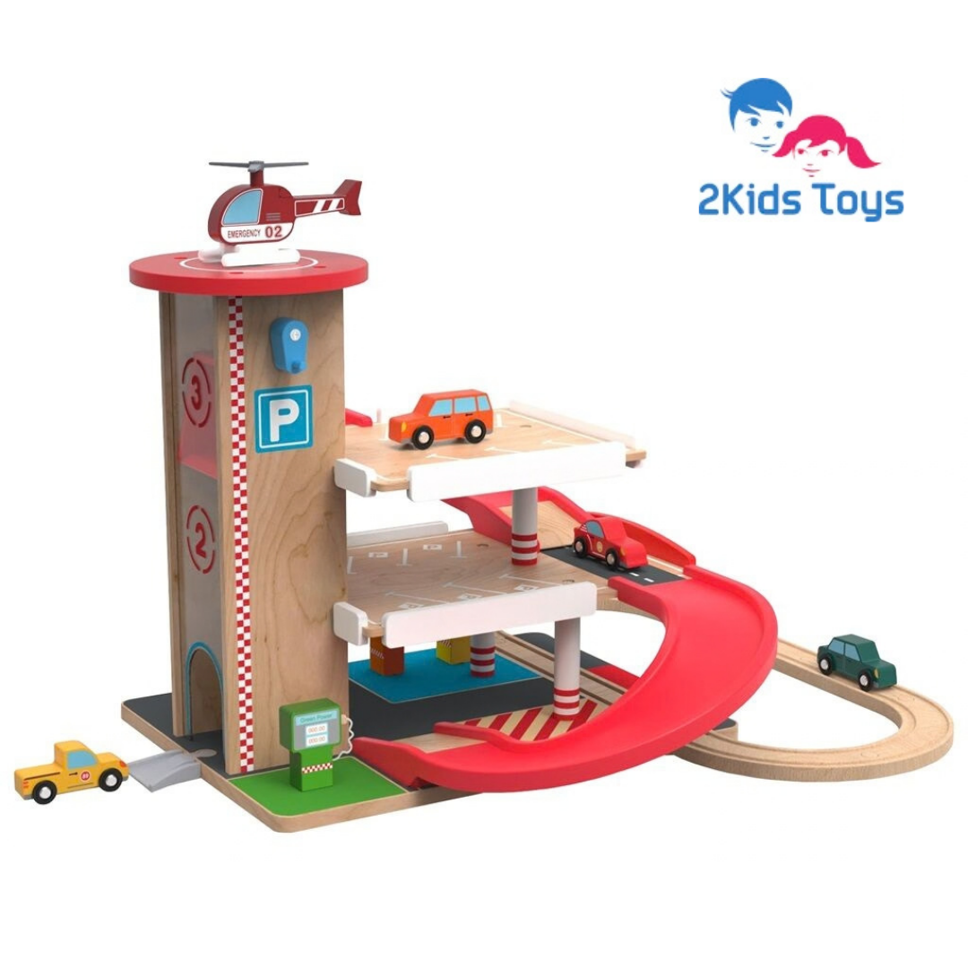 Дървен гараж на три нива с колички и хеликоптер 2Kids Toys