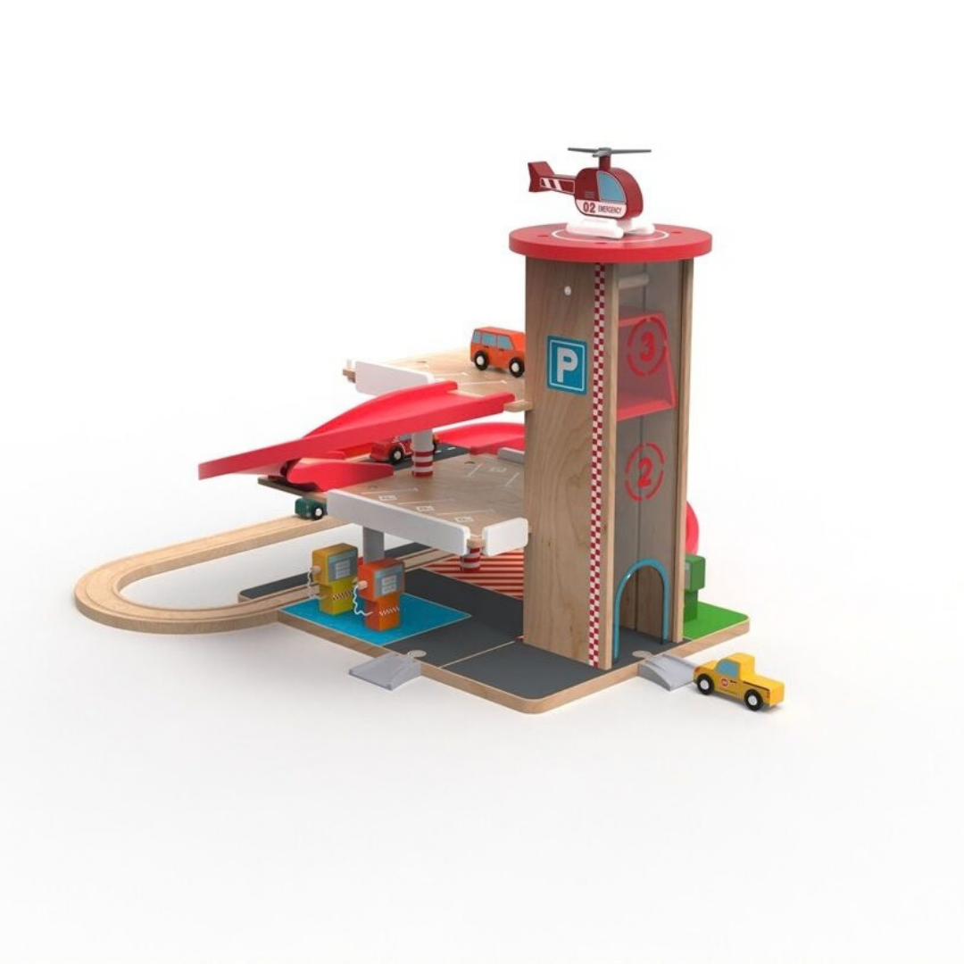 Дървен гараж на три нива с колички и хеликоптер 2Kids Toys – снимка 3