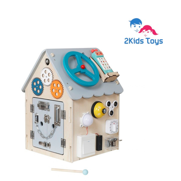 Дървен бизи борд Монтесори къща в сив цвят 2Kids Toys