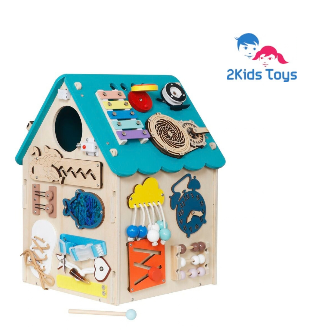 Интерактивна дървена Монтесори къща в тюркоаз 2Kids Toys