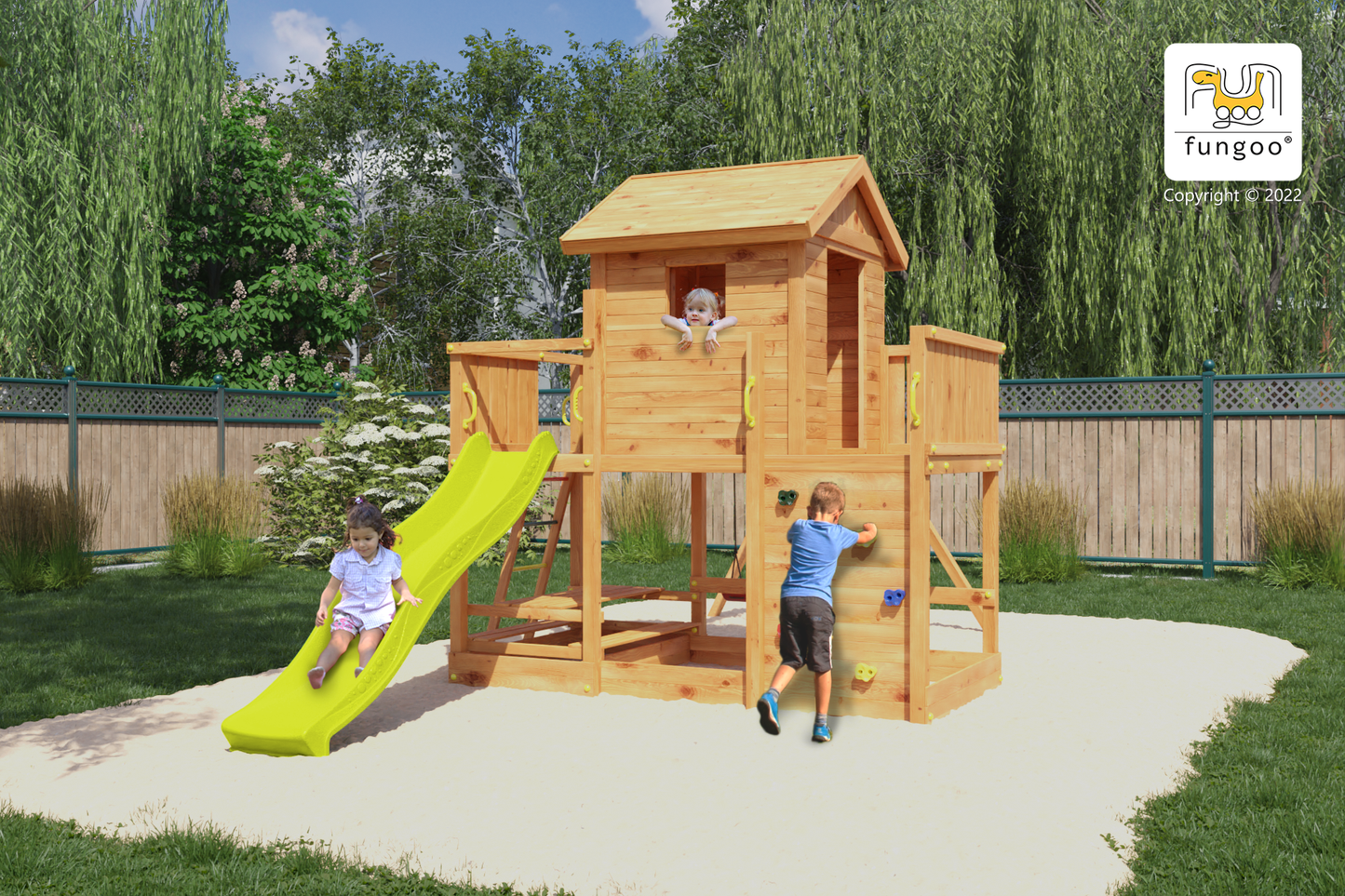 Fungoo 08950T MARS TEAK детска площадка с къща, пързалка и 2 люлки