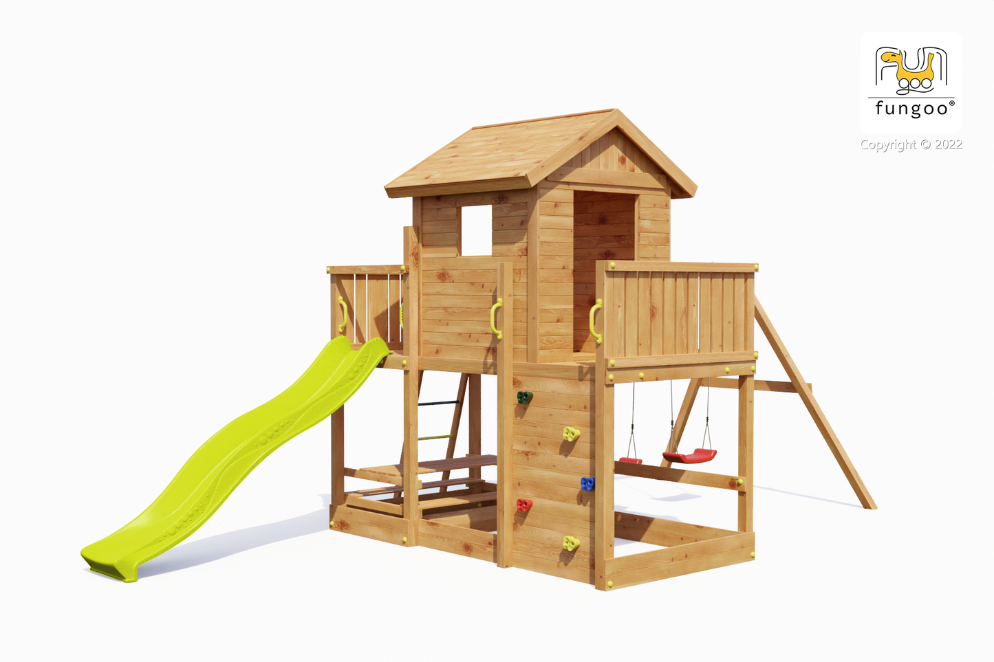 Fungoo 08950T MARS TEAK детска площадка с къща, пързалка и 2 люлки