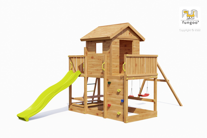 Fungoo 08950T MARS TEAK детска площадка с къща, пързалка и 2 люлки