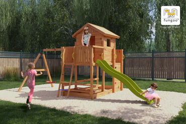 Fungoo MARS TEAK детска площадка с къща, пързалка и 2 люлки